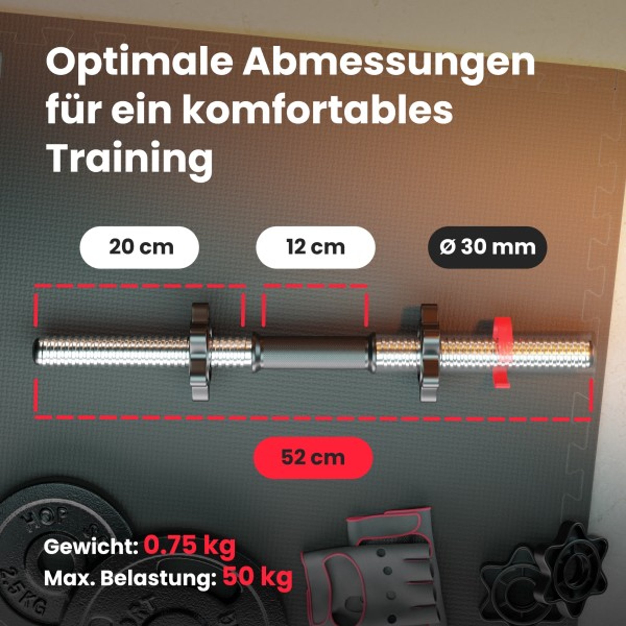 Abmessungen der Kurzhantelstange 52 cm mit Gewicht- und Belastungsangaben