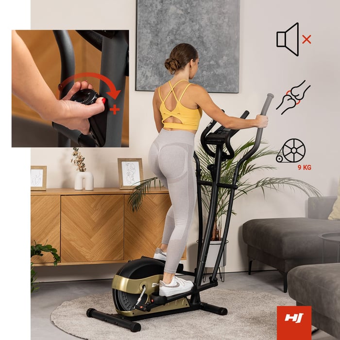 Crosstrainer Focus von Hop-Sport mit manueller Widerstandsregulierung, ermöglicht Training in verschiedenen Schwierigkeitsstufen.