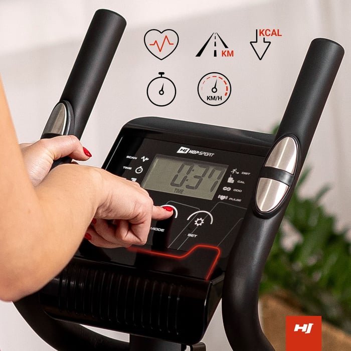 Trainingscomputer des Crosstrainers von Hop-Sport mit LCD-Monitor, zeigt Zeit, Geschwindigkeit, Distanz, ODO, Kalorien und Puls.