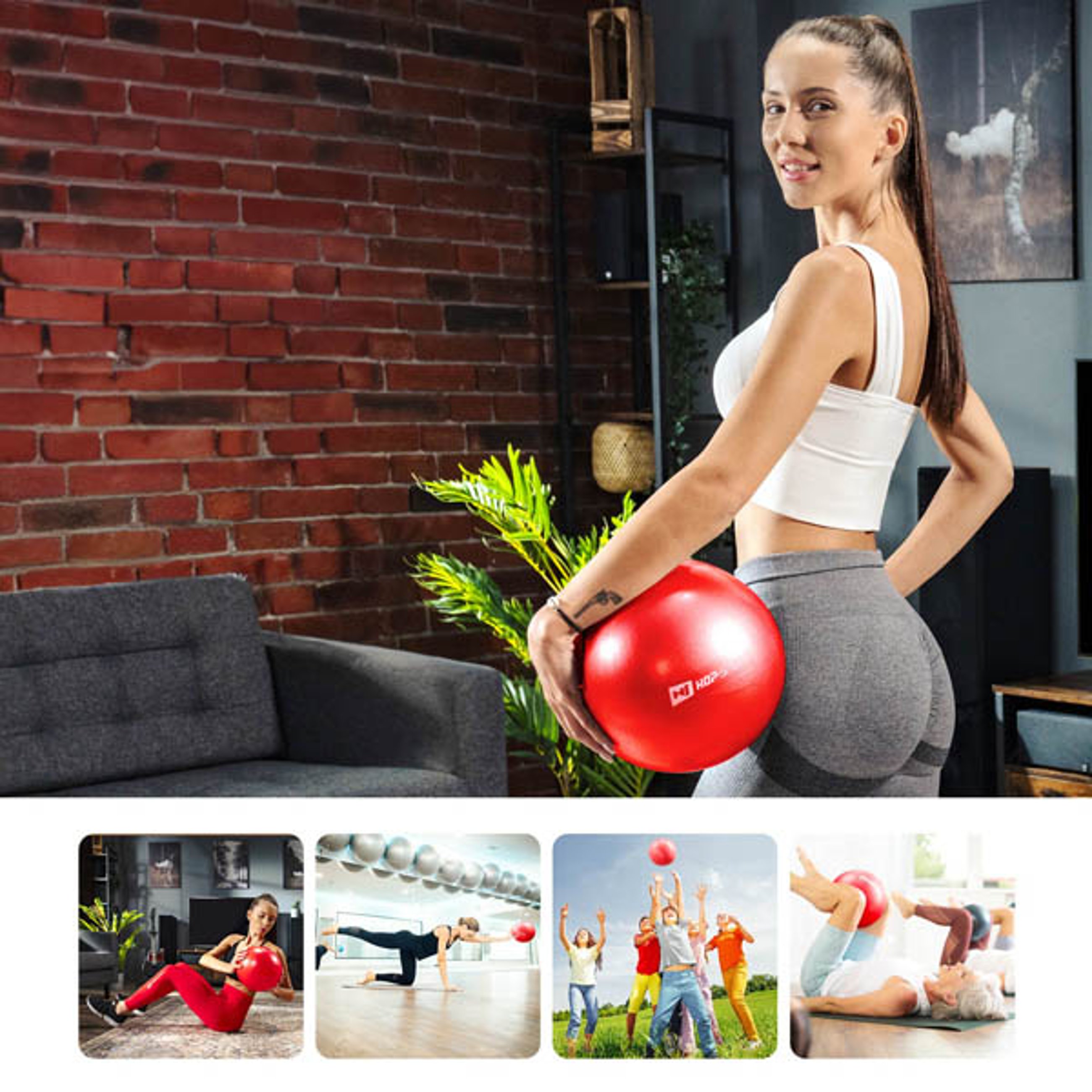 Verschiedene Sportaktivitäten mit Pilatesball rot