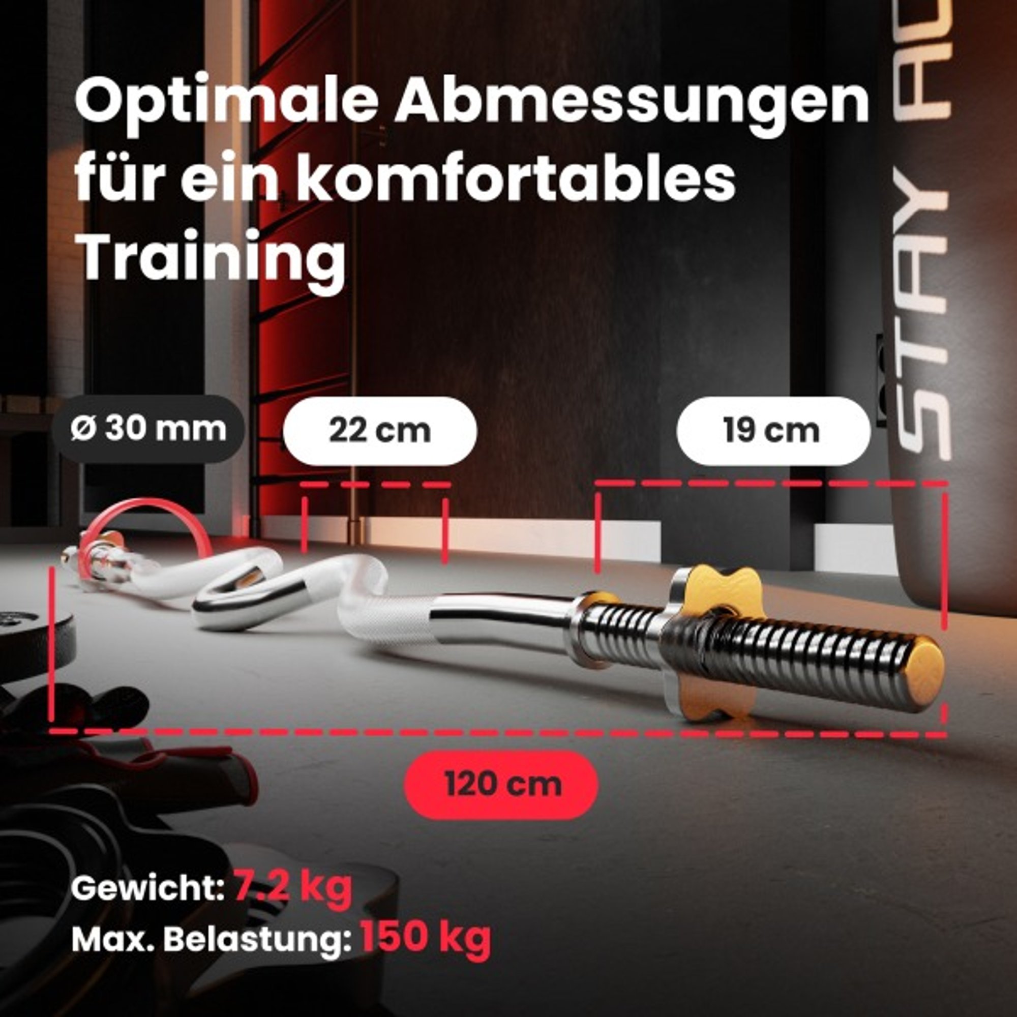 Abmessungen der Super-SZ Stange 120 cm mit Gewicht- und Belastungsangaben
