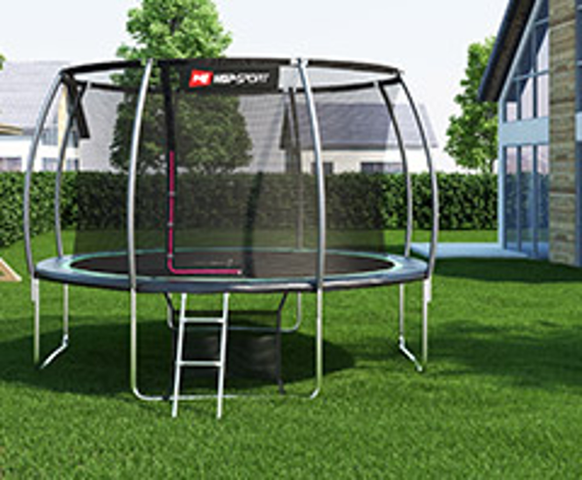 Ein Trampolin von Hop-Sport, aufgestellt in einem Garten