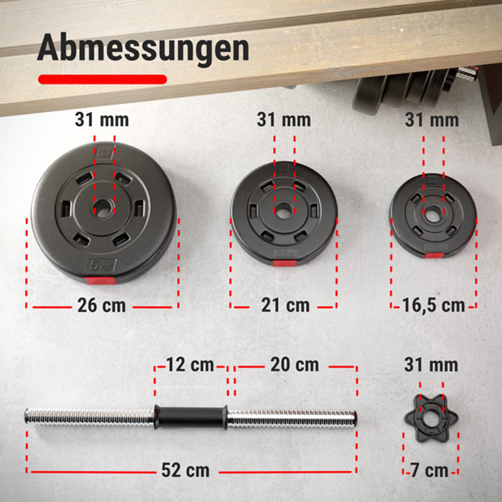 Genaue Abmessungen von Hantelstange und Gewichte 2 x 20 kg