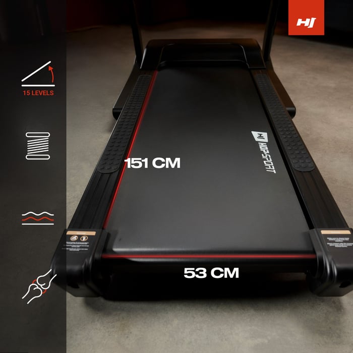 Die breite Lauffläche des Laufbandes HS-5000LB von Hop-Sport mit den Maßen 53 × 151 cm .