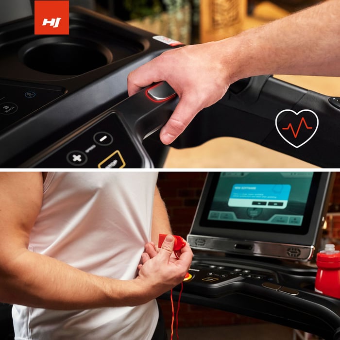 Das Laufband HS-5000LB Force von Hop-Sport mit Pulssensoren ausgestattet, die eine Echtzeit-Kontrolle der Herzfrequenz ermöglichen. Der Sicherheitsschlüssel für ein sofortiges Anhalten des Laufbands in Notfällen.