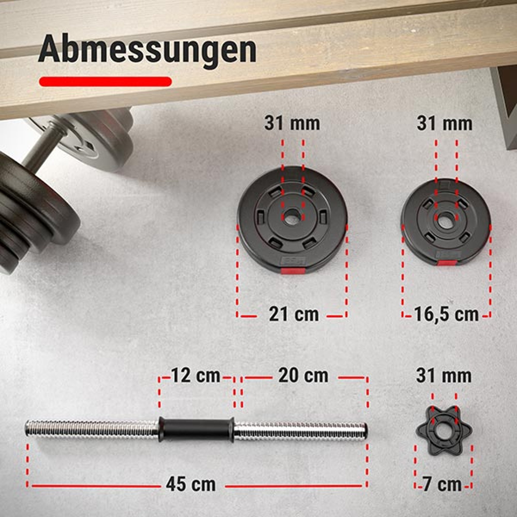 Genaue Abmessungen von Hantelstange und Gewichte