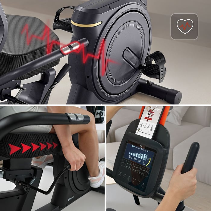 Liegeergometer Ranker mit integrierten Pulssensoren in den seitlichen Griffen und verstellbarem Frontgriff