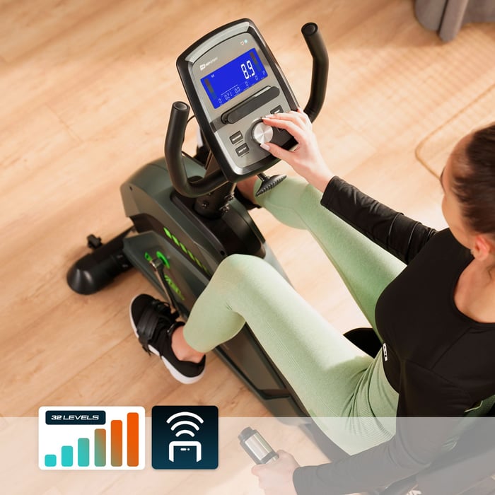 Liegeergometer HS-120L Ravel mit elektromagnetischem Widerstandssystem und 32 Leistungsstufen.