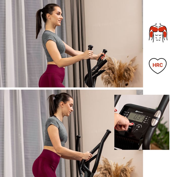 Crosstrainer von Hop-Sport mit HRC-Funktion und Trainingscomputer mit LCD-Monitor, ermöglicht das Training verschiedener Muskelgruppen.