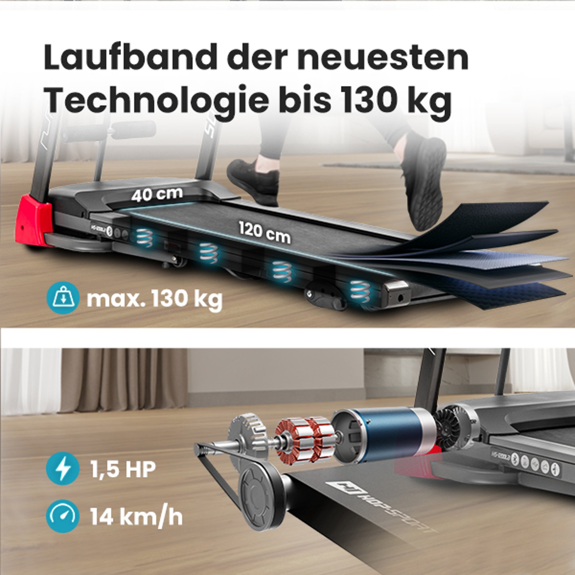 Die wichtigsten technischen Daten des Laufbandes 900LB Clip wie 1,5 PS starke Gleichstrommotor, maximale Belastung 130kg, Dämpfungssystem