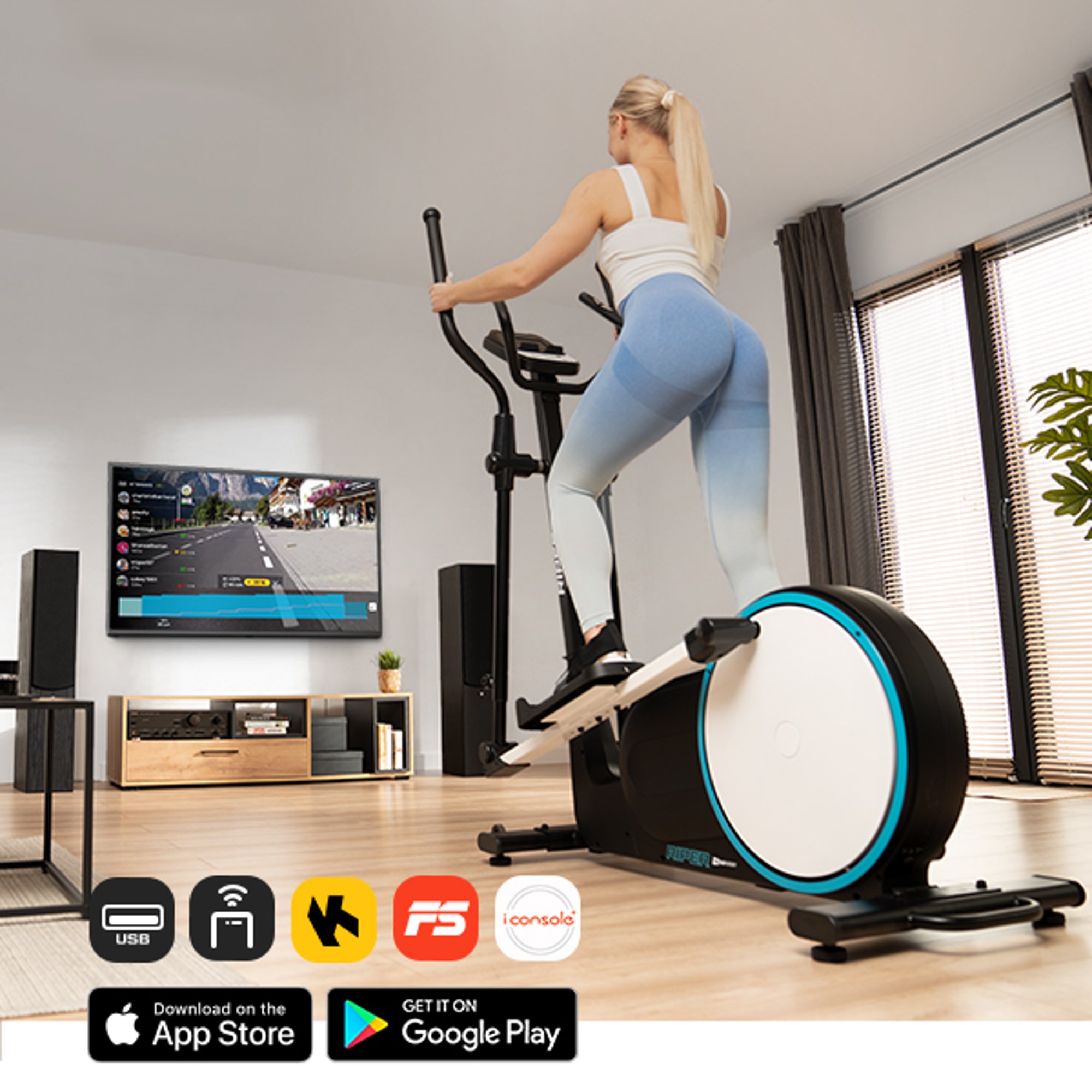 Ein modernes Fitnessgerät mit USB, Bluetooth und Applikationen wir Kinomap oder iConsole+