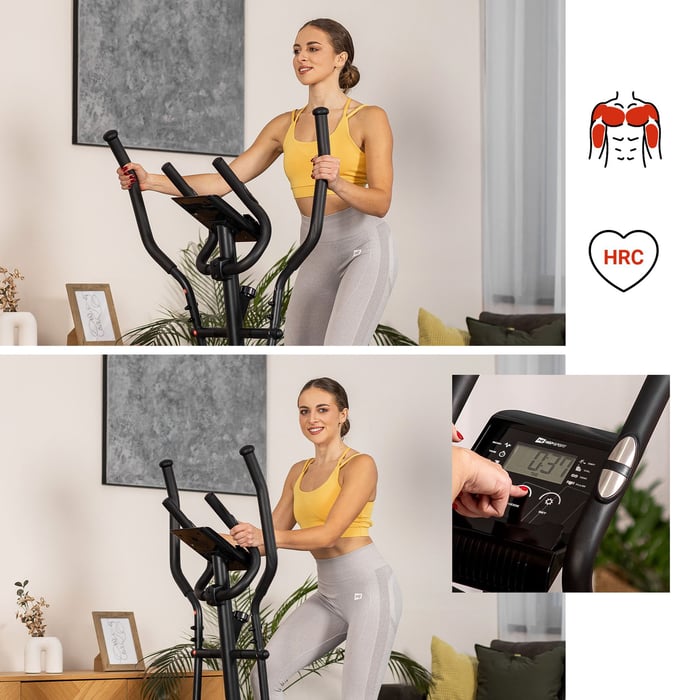 Crosstrainer von Hop-Sport mit HRC-Funktion und Trainingscomputer mit LCD-Monitor, ermöglicht das Training verschiedener Muskelgruppen.