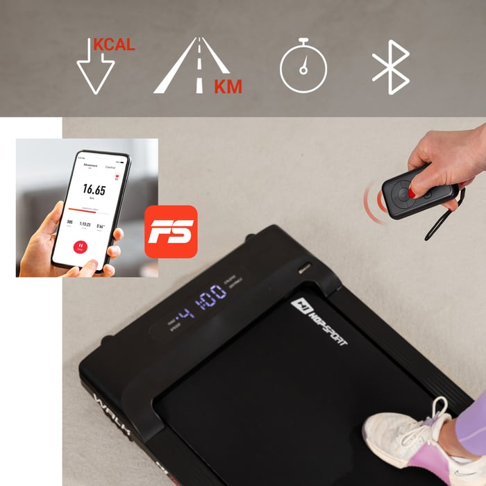 Display mit Fernbedienung, Bluetooth & FitShow-App, zeigt Tempo, Zeit, Distanz und Kalorien an