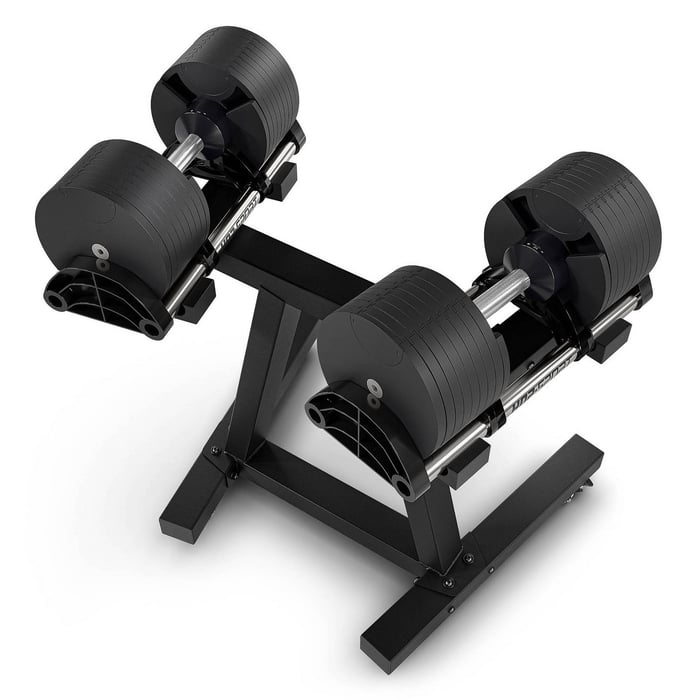 Verstellbare Kurzhanteln auf Hantelständer HS-3040A – schräge Ansicht