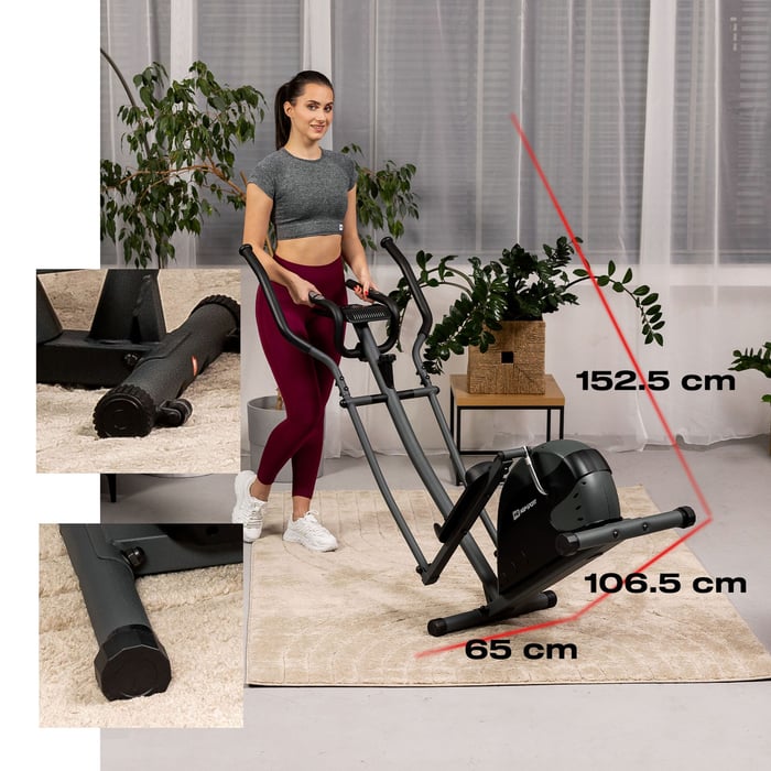 Crosstrainer Focus von Hop-Sport mit zwei integrierten Transportrollen für einfaches Bewegen und Verstauen des Geräts