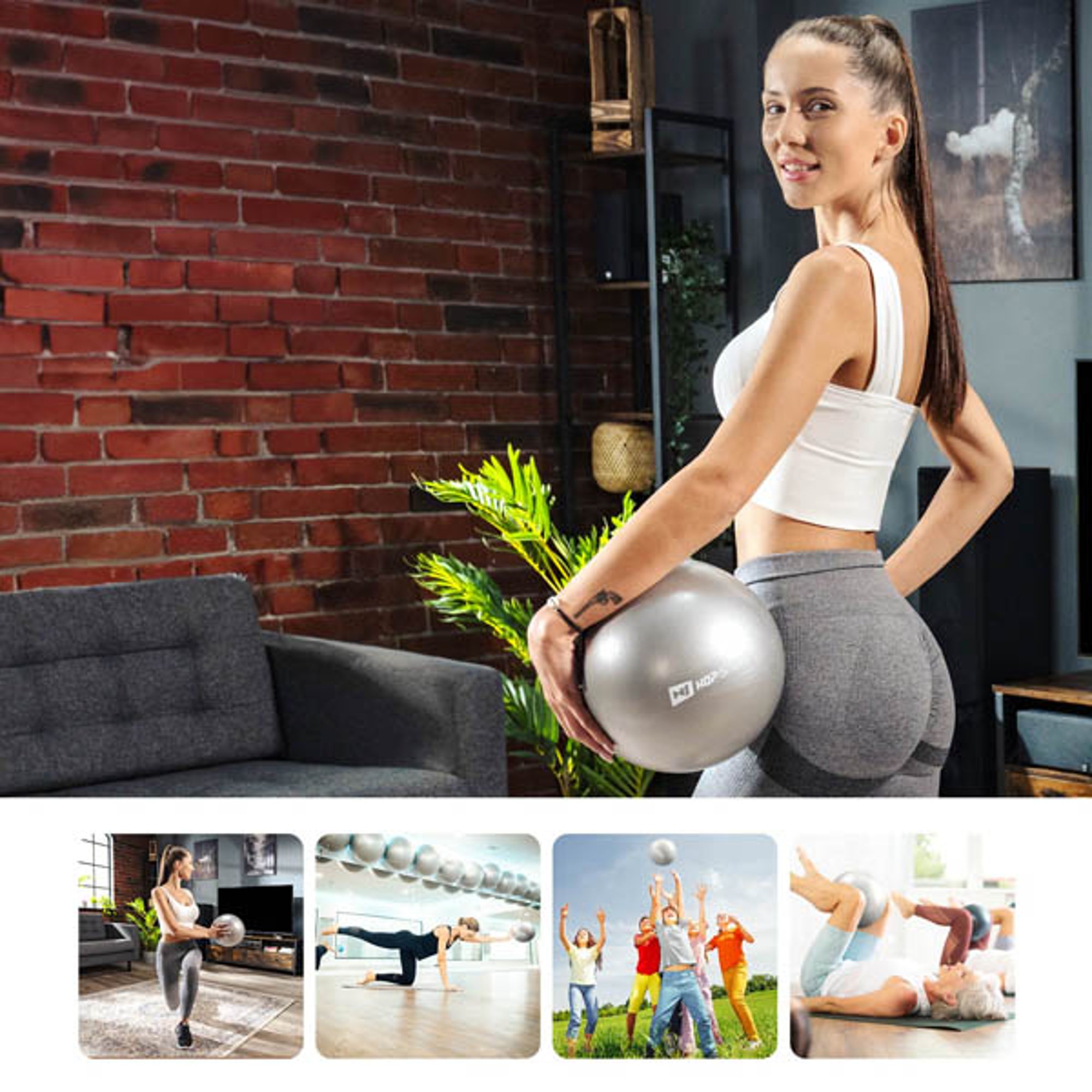 Verschiedene Sportaktivitäten mit Pilatesball silber