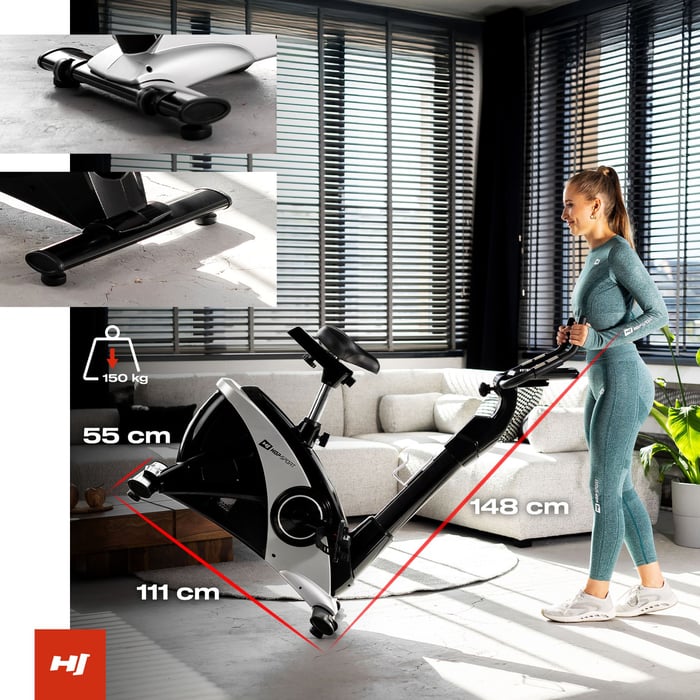 Heimtrainer mit Transportrollen und höhenverstellbaren Standfüßen