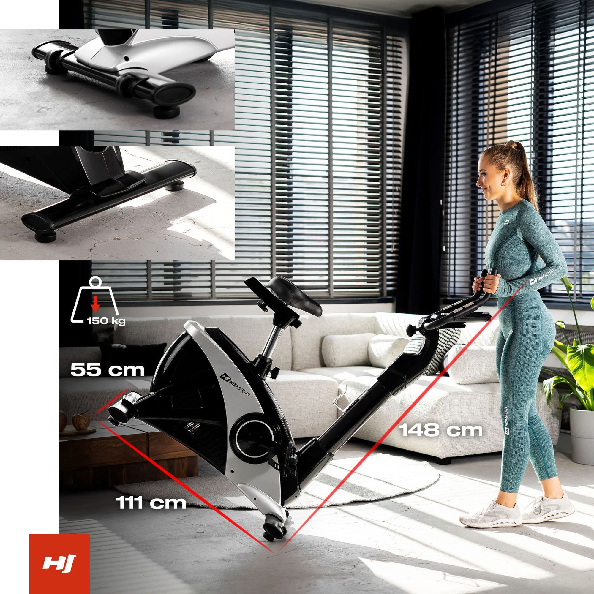 Heimtrainer mit Transportrollen und höhenverstellbaren Standfüßen