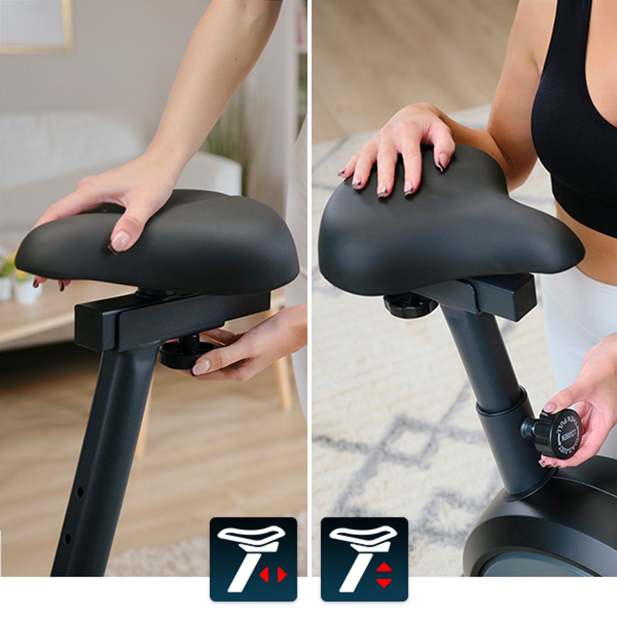 Horizontale und vertikale Einstellung des Sattels für optimale Sitzposition beim Heimtraining