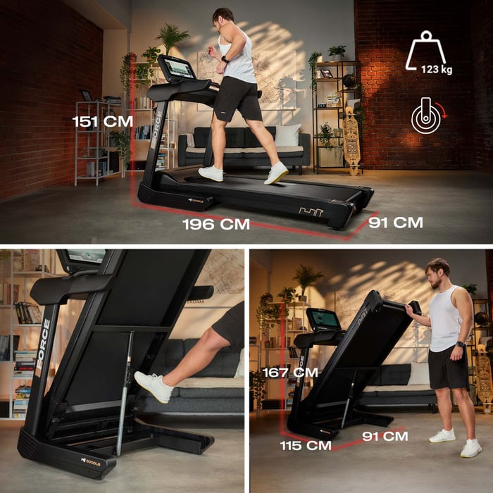 Das Laufband HS-5000LB Force von Hop-Sport kann dank des Soft-Drop-Systems einfach und sicher zusammengeklappt werden. Vier Transportrollen machen es einfach, sich ohne festen Standort zu bewegen.