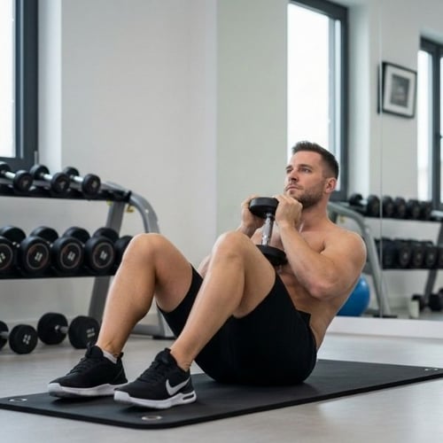 Mann macht Sit-ups mit Kurzhantel im Fitnessstudio