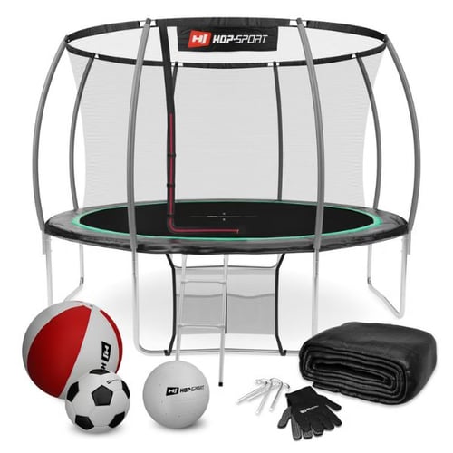 Schwarzes Hop-Sport Trampolin 12ft - 366 cm mit Innennetz, Leiter und Komplettzubehör (Bälle, Plane, Handschuhe, Bodenanker)