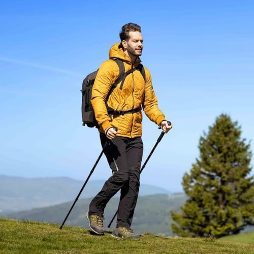 Mann wandert mit richtig eingestellten Trekkingstöcken von Hop-Sport in den Bergen