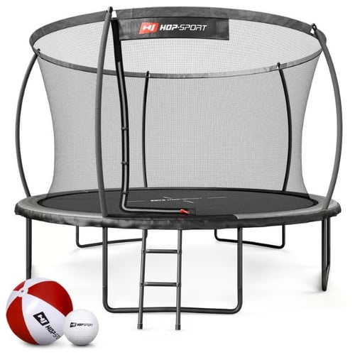  Schwarzes Hop-Sport Trampolin 12ft - 366 cm mit Innennetz, Leiter und Zubehör (Ball, Wasserball).