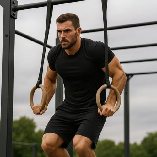 Mann trainiert Muscle up an Turnringen auf einer Outdoor-Trainingsstation im Park
