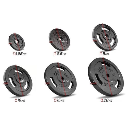 Größenvergleich Hop-Sport Gusseisen-Hantelscheiben von 1,25 bis 20 kg
