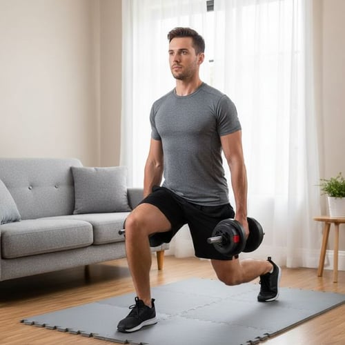 Ausfallschritte mit Kurzhanteln zu Hause auf Trainingsmatte