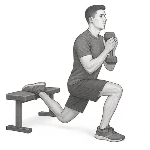 Mann macht Bulgarian Split Squat mit Kurzhantel vor der Brust und Fuß auf Hop-Sport Hantelbank