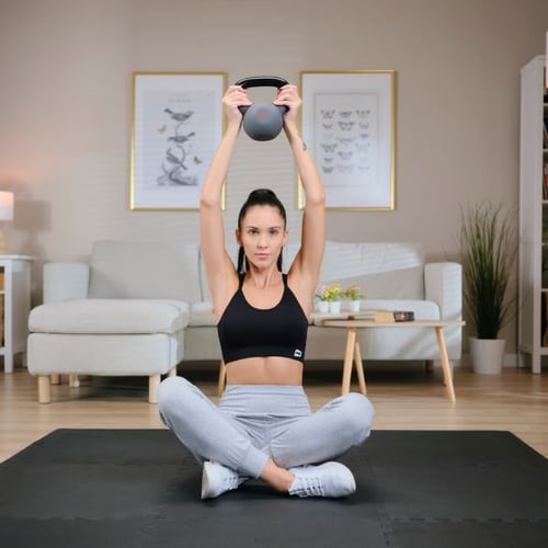 Frau im Schneidersitz auf einer schwarzen Fitnessmatte hebt eine graue Hop-Sport Kettlebell über den Kopf,