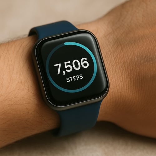 Smartwatch zeigt 7.506 Schritte auf dunklem Display an, getragen am Handgelenk
