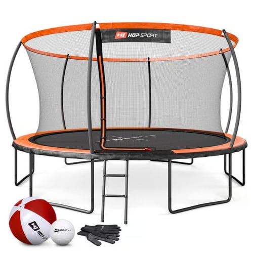 Orangenes Hop-Sport Trampolin 14ft - 427 cm mit Innennetz, Leiter und Zubehör (Ball, Wasserball, Handschuhe). 