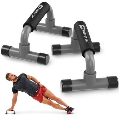 Hop-Sport Liegestützgriffe aus Kunststoff mit Schaumstoffgriffen, daneben Sportler in seitlicher Plank-Position