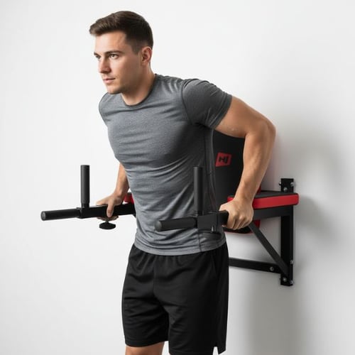 Mann trainiert Dips zuhause an Wand-Dip-Station von Hop-Sport