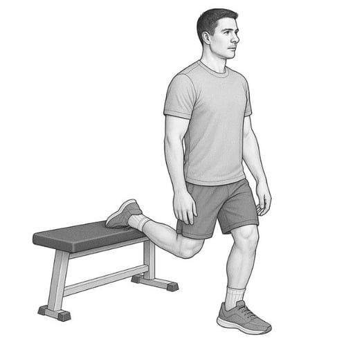 Mann steht in Ausgangsposition für Bulgarian Split Squat mit hinterem Fuß auf Hop-Sport Hantelbank