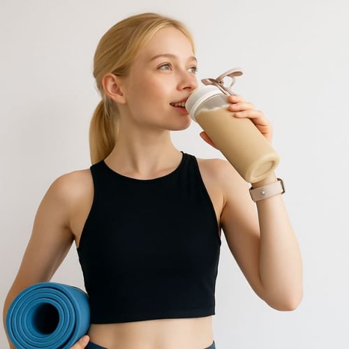 Frau trinkt Proteinshake nach dem Training mit Yogamatte in der Hand