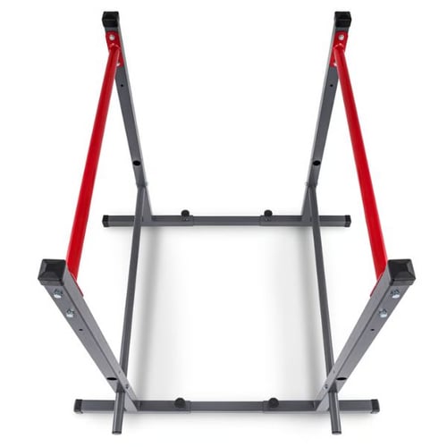 Hop-Sport Dip-Barren-Set von oben fotografiert, mit zwei roten Parallelstreben und verstellbarem Rahmen