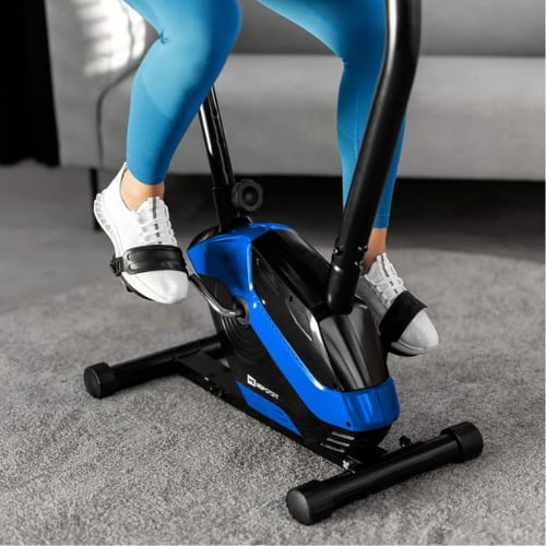 Hop-Sport Heimtrainer in Blau-Schwarz mit Pedalen und Schwungmasse