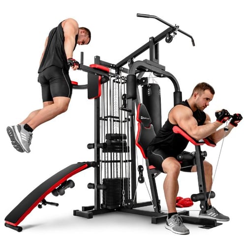 Zwei Männer trainieren an Hop-Sport Kraftstation mit Curl und Dips