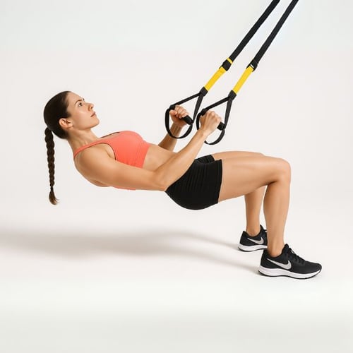 Frau macht Klimmzüge ohne Stange, mit TRX Bänder