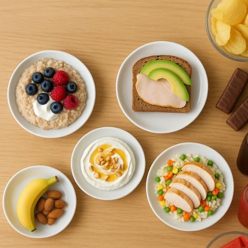 Verschiedene gesunde Snacks und Mahlzeiten für vor oder nach dem Sport