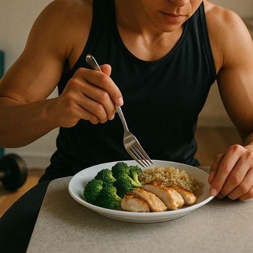 Sportler isst nach dem Training Hähnchen mit Brokkoli und Quinoa