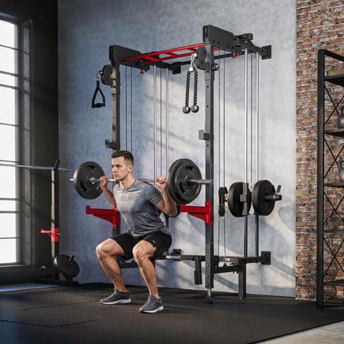 Mann macht Kniebeugen am Kraftturm, Muskeln zusammen trainieren mit Hop-Sport Multifunktionsstation