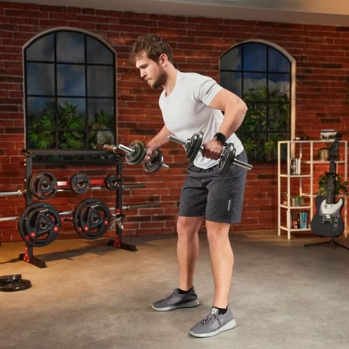 Bizeps- und Rückentraining mit Kurzhanteln von Hop-Sport im Home-Gym für mehr Kalorienverbrauch