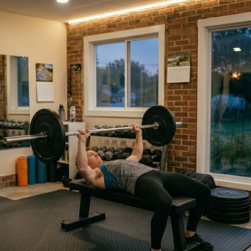 Frau macht Bankdrücken mit Langhantel im Home-Gym – ideal für morgens oder abends trainieren