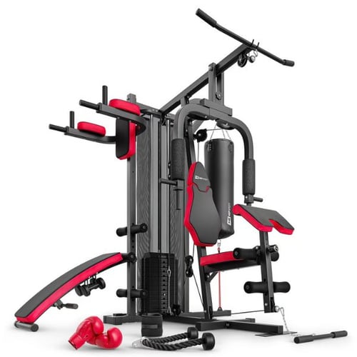 Hop-Sport Multistation, Kraftstation mit vielseitigem Zubehör und roten Polstern für ein komplettes Ganzkörpertraining.