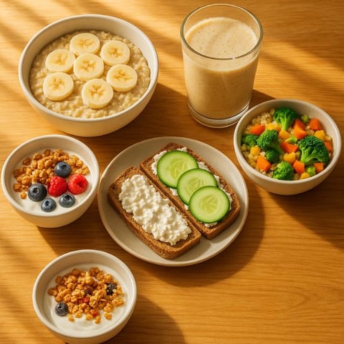 Ausgewogenes Frühstück mit Haferbrei, Smoothie, Joghurt und Vollkornbrot vor dem Joggen